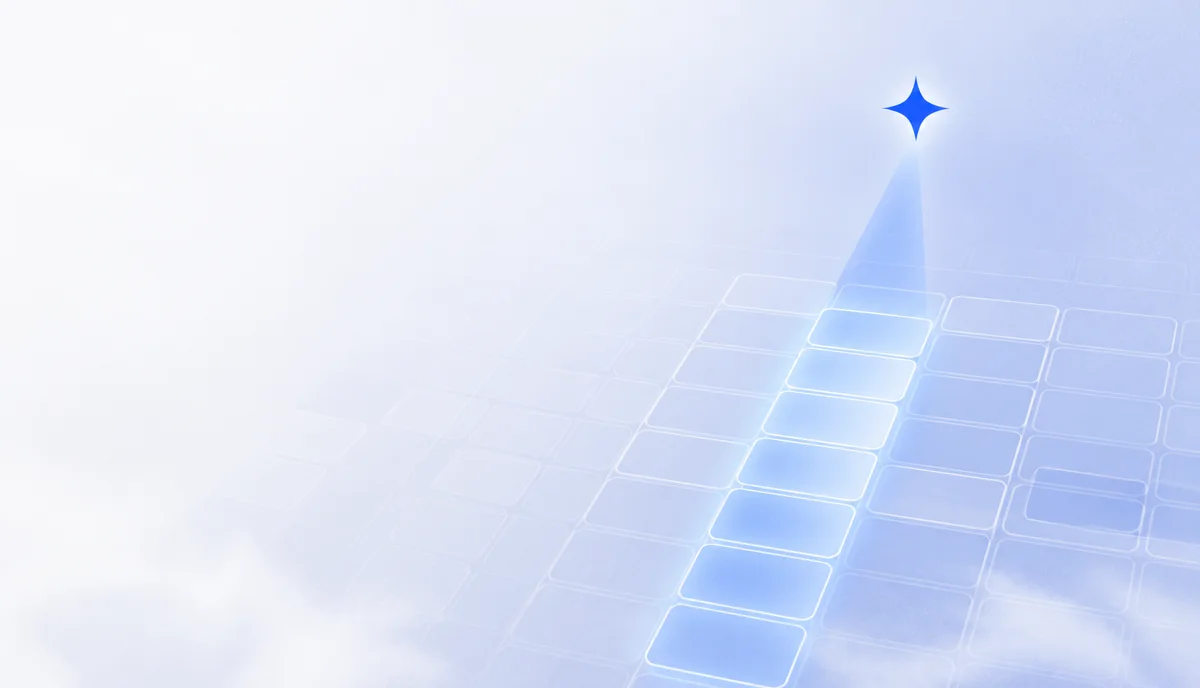Ilustração abstrata de uma grelha de agenda em vidro com uma coluna iluminada por um feixe azul vindo da estrela-guia Farol