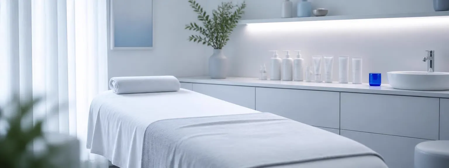 Gabinete de estética com marquesa preparada e luz natural suave