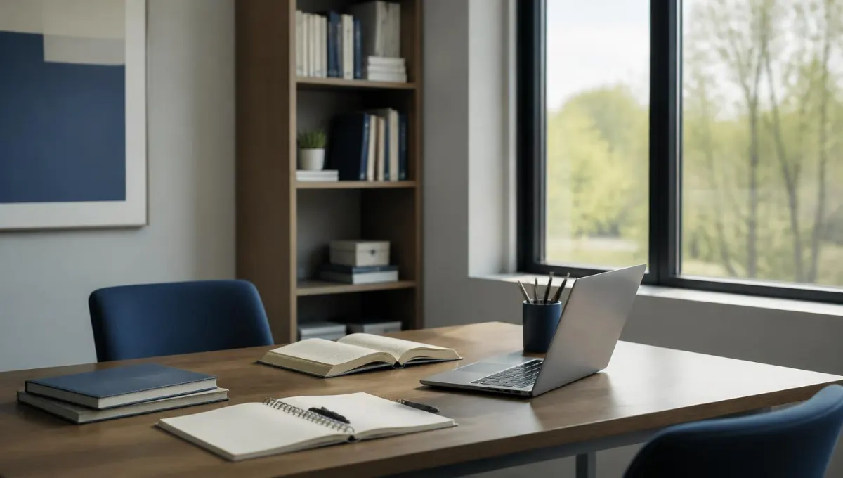 Sala de estudo com mesa de madeira, cadernos e portátil junto a uma janela