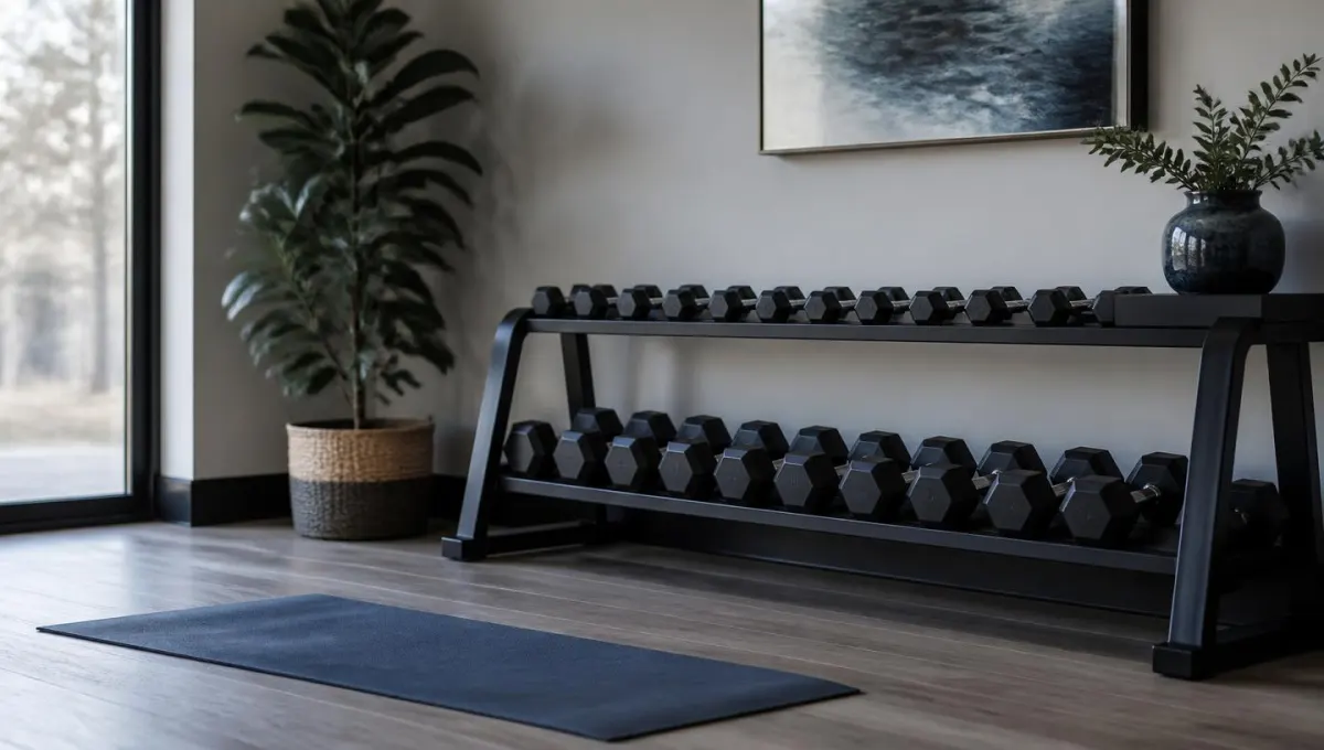 Estúdio de treino pequeno, com halteres arrumados no suporte e tapete no chão