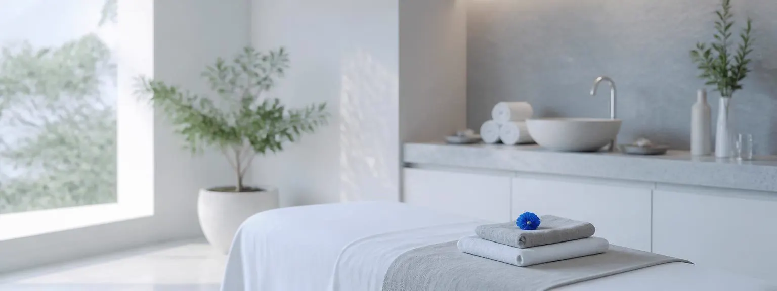 Sala de massagem em tons quentes, com marquesa pronta e ambiente calmo